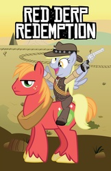 Size: 1648x2547 | Tagged: safe, artist:smashinator, big macintosh, derpy hooves, earth pony, pony, g4, colt single action army, crossover, cute, derpabetes, gun, male, parody, ponies riding ponies, red dead redemption, revolver, riding, stallion, unamused, weapon, western