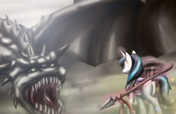 Size: 2704x1765 | Tagged: safe, artist:zedrin, shining armor, dragon, pony, unicorn, g4, butt, fight, levitation, magic, male, plot, spear, stallion, telekinesis, weapon