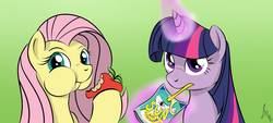 Size: 2000x900 | Tagged: safe, artist:sonicrainboom93, fluttershy, princess celestia, twilight sparkle, g4, apple, eating, herbivore, juice, juice box, magic