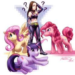 Size: 800x800 | Tagged: safe, artist:robaato, fluttershy, pinkie pie, twilight sparkle, human, g4, andrea libman, belly button, cleavage, crossover, female, laura kinney, midriff, question mark, voice actor joke, x-23, x-men, x-men evolution