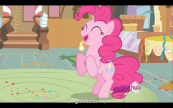 Size: 960x600 | Tagged: safe, screencap, pinkie pie, earth pony, pony, g4, balloon, bipedal, eyes closed, female, happy, hub logo, logo, mare, on hind legs, open mouth, open smile, pink body, pink coat, pink fur, pink hair, pink mane, pink pony, pink tail, poofy hair, poofy mane, poofy tail, smiling, solo, sugarcube corner, tail, the hub, theme song, youtube caption