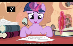 Size: 960x600 | Tagged: safe, screencap, twilight sparkle, g4, it's about time, my little pony: friendship is magic, tv rating, youtube caption