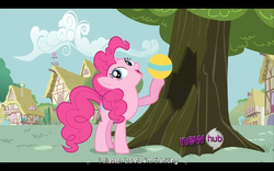 Size: 960x600 | Tagged: safe, screencap, pinkie pie, g4, it's about time, bomb, hub logo, tree, weapon, youtube caption