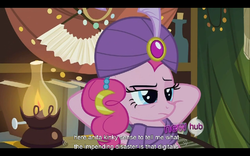 Size: 960x600 | Tagged: safe, screencap, pinkie pie, earth pony, pony, g4, it's about time, my little pony: friendship is magic, season 2, female, hub logo, madame pinkie, mare, youtube caption