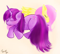 Size: 605x544 | Tagged: safe, artist:penwyn, fluttershy, twilight sparkle, g4, duo, sleeping