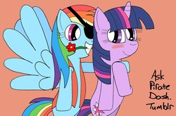 Size: 1280x843 | Tagged: safe, artist:toonboy92484, rainbow dash, twilight sparkle, g4, askpiratedash, blushing, eyepatch, female, flower, lesbian, pirate dash, pirateworm, ship:twidash, shipping