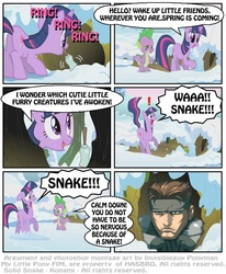 Size: 526x638 | Tagged: safe, artist:ponymaan, spike, twilight sparkle, g4, bell, comic, crossover, konami, metal gear, pun, snow