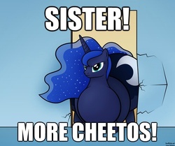 Size: 621x520 | Tagged: safe, artist:jesseorange, edit, princess luna, alicorn, pony, g4, angry, belly, caption, cheetos, fat, female, greatest internet moments, huge butt, image macro, impossibly large butt, large butt, mare, meme, missing accessory, moonbutt, morbidly obese, obese, princess moonpig, solo, stuck, text, the ass is monstrously oversized for tight entrance, wall