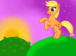 Size: 878x651 | Tagged: safe, artist:thejayowl, applejack, earth pony, pony, g4, dawn, female, orchard, rearing, solo