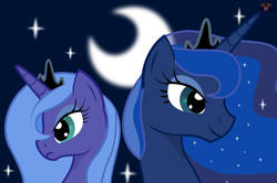 Size: 1280x851 | Tagged: safe, artist:voaxmasterspydre, princess luna, g4, crescent moon, dual persona, moon, s1 luna, self ponidox, stars, the fun has been doubled