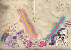 Size: 900x636 | Tagged: dead source, safe, artist:iiifadedinkiii, pinkie pie, rarity, twilight sparkle, g4, creation, drawn into existence, fourth wall, glasses, laughing, pencil