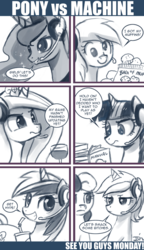 Size: 550x956 | Tagged: safe, artist:johnjoseco, bon bon, derpy hooves, lyra heartstrings, princess cadance, princess luna, sweetie drops, twilight sparkle, oc, oc:belle eve, alicorn, pony, ask princess molestia, gamer luna, g4, belle eve, book, comic, drink, food, mann vs machine, manual, muffin, neogaf, ponified, straw, team fortress 2