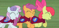 Size: 734x357 | Tagged: safe, screencap, apple bloom, scootaloo, sweetie belle, earth pony, pony, g4, season 1, stare master, adorabloom, animated, cute, cutealoo, cutie mark crusaders, diasweetes, eyes closed, female, gotta go fast, happy, open mouth, running, smiling, speed lines, talking