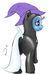 Size: 589x900 | Tagged: safe, artist:doppelgangsta, trixie, pony, g4, butt, female, latex, latex suit, mare, missing horn, plot, rear view, simple background, solo, white background