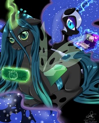 Size: 2000x2500 | Tagged: safe, artist:daughter-of-fantasy, nightmare moon, queen chrysalis, changeling, changeling queen, g4, female, high res, nintendo ds, playstation portable