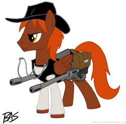 Size: 1486x1462 | Tagged: safe, artist:sheason, oc, oc only, oc:calamity, pegasus, pony, fallout equestria, battle saddle, fanfic, fanfic art, gun, hat, male, rifle, saddle bag, simple background, solo, stallion, transparent background, weapon, wings