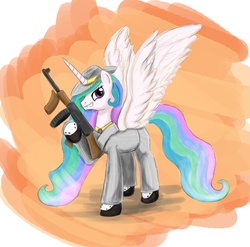 Size: 2303x2274 | Tagged: dead source, safe, artist:otakuap, princess celestia, alicorn, pony, g4, clothes, female, gun, hat, high res, mafia, mob boss, solo, submachinegun, tommy gun, weapon