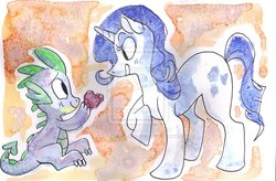 Size: 900x592 | Tagged: dead source, safe, artist:kitten-kites, rarity, spike, g4, female, fire ruby, male, ship:sparity, shipping, straight, traditional art, watermark