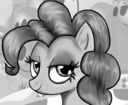 Size: 512x419 | Tagged: safe, artist:c-cain, pinkie pie, earth pony, pony, g4, bedroom eyes, bust, female, looking at you, mare, monochrome, solo