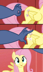 Size: 1280x2160 | Tagged: safe, edit, screencap, fluttershy, iron will, pegasus, pony, g4, putting your hoof down, butt, butt touch, comic, female, flutterbutt, mare, plot, screencap comic, smiling, wingboner