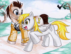 Size: 700x534 | Tagged: safe, artist:jadenkaiba, derpy hooves, doctor whooves, time turner, pegasus, pony, g4, duo, female, male, mare, ship:doctorderpy, shipping, stallion, straight, traditional art