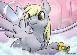 Size: 900x653 | Tagged: safe, artist:chubby-kirin, derpy hooves, pegasus, pony, g4, bath, female, mare, rubber duck, solo