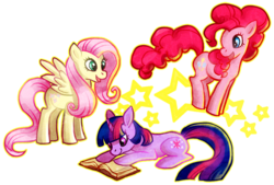 Size: 800x542 | Tagged: safe, artist:minipooch, fluttershy, pinkie pie, twilight sparkle, earth pony, pegasus, pony, unicorn, g4, book, female, mare, open mouth, simple background, spread wings, transparent background, trio, trio female, unicorn twilight, wings