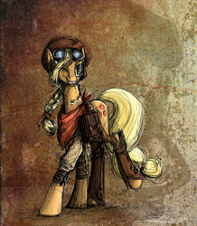 Size: 603x691 | Tagged: safe, artist:nastylady, applejack, earth pony, pony, g4, abstract background, bandana, clothes, female, goggles, mare, one eye closed, saddle bag, smiling, solo, steampunk