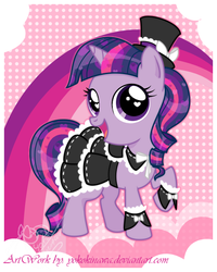 Size: 520x650 | Tagged: safe, artist:yokokinawa, twilight sparkle, pony, unicorn, g4, cute, female, filly, filly twilight sparkle, gothic lolita, hat, lolita fashion, solo, top hat, twiabetes, unicorn twilight, younger