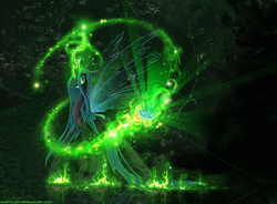 Size: 2379x1748 | Tagged: safe, artist:nastylady, queen chrysalis, changeling, changeling queen, g4, crown, fangs, female, fire, glowing horn, horn, jewelry, magic, regalia, signature, smiling, solo, standing, wings