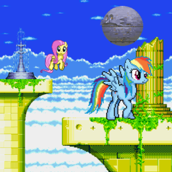 Size: 400x400 | Tagged: dead source, safe, artist:darksupasonic, fluttershy, rainbow dash, g4, cloud, crossover, death egg, duo, female, fountain, knuckles the echidna, mare, pixel art, platformer, sky sanctuary, sonic & knuckles, sonic the hedgehog, sonic the hedgehog (series), sprite