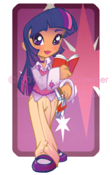 Size: 673x1052 | Tagged: safe, artist:exiledchaos, twilight sparkle, human, g4, book, choker, clothes, dark skin, female, humanized, mary janes, pants, solo, sweater vest