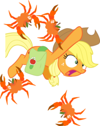 Size: 2680x3366 | Tagged: safe, artist:ze, applejack, crab, earth pony, pony, g4, applejack's hat, bag, cowboy hat, crab apple, female, hat, high res, mare, open mouth, ouch, pinching, pun, saddle bag, simple background, solo, transparent background, visual pun