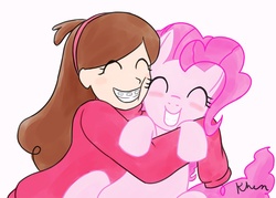 Size: 1265x904 | Tagged: safe, artist:kprovido, pinkie pie, g4, crossover, digital art, duo, gravity falls, hug, mabel pines, opening theme, signature, smiling, song reference