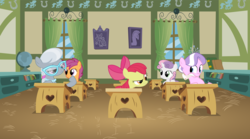 Size: 5000x2773 | Tagged: safe, artist:sulyo, apple bloom, diamond tiara, scootaloo, silver spoon, sweetie belle, g4, classroom, cutie mark crusaders, glasses, ponyville schoolhouse