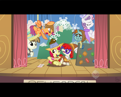 Size: 1280x1024 | Tagged: safe, artist:facelessjr, apple bloom, chancellor puddinghead, clover the clever, commander hurricane, featherweight, princess platinum, private pansy, scootaloo, smart cookie, snips, sweetie belle, twist, g4, cutie mark crusaders, fake screencap, glasses, hub logo, letterboxing, ponies riding ponies, riding, school play, scootaloo can't fly, shrug, stage, sweetie belle riding snips