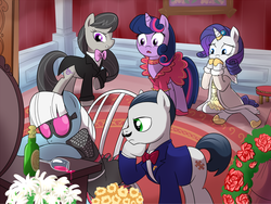 Size: 1500x1126 | Tagged: safe, artist:madmax, octavia melody, photo finish, rarity, twilight sparkle, pony, unicorn, g4, clothes, dead, dress, female, hercule poirot, implied murder, male, mare, octavia is not amused, poison, ponified, stallion, unamused