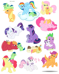 Size: 1242x1544 | Tagged: safe, artist:arcticwaters, apple bloom, applejack, big macintosh, fluttershy, pinkie pie, pound cake, pumpkin cake, rainbow dash, rarity, scootaloo, spike, sweetie belle, twilight sparkle, oc, oc:bluegrass, oc:day dreams, oc:honeybee, dragon, earth pony, pegasus, pony, unicorn, g4, aunt and nephew, aunt and niece, colt, female, filly, foal, magical lesbian spawn, male, mare, mother and child, mother and daughter, mother and son, mouth hold, music notes, offspring, older, parent:applejack, parent:fluttershy, parent:pinkie pie, parent:rainbow dash, parent:rarity, parent:twilight sparkle, parents:appledash, parents:flutterpie, parents:rarilight, pony hat, simple background, sleeping, stallion, tail, tail pull, uncle and nephew, uncle and niece, white background