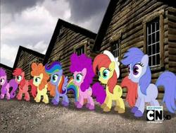 Size: 768x576 | Tagged: safe, screencap, applejack, pinkie pie, rainbow dash, pony, g4, cartoon network, expy, mad (tv series), mad magazine, my little war horse, pony cameo, pony reference, recolor, war horse, youtube link