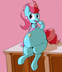 Size: 934x1080 | Tagged: safe, artist:jailbait, cup cake, earth pony, pony, g4, apron, belly, belly button, big belly, clothes, counter, cupcake, fat, female, food, sitting, solo, squishy, thick cup cake