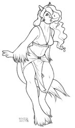 Size: 353x600 | Tagged: safe, artist:ponygirl, oc, oc only, earth pony, anthro, unguligrade anthro, g1, 2009, black and white, dancer, draft, grayscale, monochrome, signature, simple background, smiling, solo, tail, unshorn fetlocks, white background