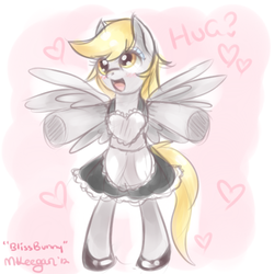 Size: 500x500 | Tagged: safe, artist:felynea, derpy hooves, pony, g4, bipedal, clothes, female, heart, incoming hug, maid, solo