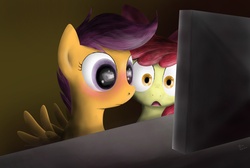 Size: 7016x4704 | Tagged: safe, artist:jarwall, apple bloom, scootaloo, pegasus, pony, g4, absurd resolution, blushing, computer, female, wingboner