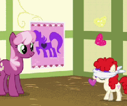 Size: 348x292 | Tagged: safe, screencap, cheerilee, sweetie belle, twist, earth pony, pony, unicorn, g4, hearts and hooves day (episode), season 2, animated, background characters doing background things, blindfold, cheeribetes, cute, daaaaaaaaaaaw, female, filly, funny background event, gif, glasses, heart, hearts and hooves day, mare, pin the heart on the pony, twistabetes