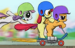 Size: 3124x1996 | Tagged: safe, artist:jarwall, apple bloom, scootaloo, sweetie belle, g4, cutie mark crusaders, scooter