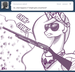 Size: 500x483 | Tagged: safe, artist:johnjoseco, princess celestia, alicorn, pony, ask princess molestia, princess molestia, g4, comic, female, gun, shotgun, solo