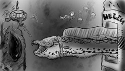 Size: 1280x731 | Tagged: safe, artist:freefox, artist:freefoxmx, fluttershy, rainbow dash, tank, crab, eel, fish, jellyfish, moray eel, quarray eel, g4, chains, collar, crossover, hole, metal slug, monochrome, monster, muffin, open mouth, smiling, submarine, swimming, underwater