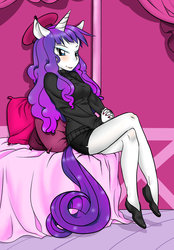 Size: 1024x1475 | Tagged: safe, artist:milakuruchi, rarity, anthro, g4, ambiguous facial structure, beatnik rarity, beret, carousel boutique, clothes, hat, solo