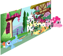 Size: 3894x3462 | Tagged: safe, artist:metadragonart, applejack, pinkie pie, rainbow dash, earth pony, pegasus, pony, g4, female, fourth wall, high res, jetpack, mare, out of frame, simple background, transparent background