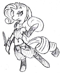 Size: 706x847 | Tagged: safe, rarity, pony, g4, bipedal, monochrome, pixiv, solo, sword